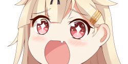 Rule 34 | + +, 10s, 1girl, blonde hair, close-up, hair flaps, hair ornament, hairclip, kantai collection, long hair, looking at viewer, messy hair, nahaki, no nose, open mouth, portrait, red eyes, simple background, sin-poi, solo, sparkling eyes, symbol-shaped pupils, white background, yuudachi (kancolle), yuudachi kai ni (kancolle)