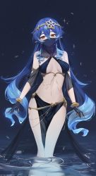 Rule 34 | 1girl, bare shoulders, bikini, bikini top only, black bikini, black gloves, black skirt, blue hair, breasts, breasts apart, brown eyes, choker, claw ring, closed mouth, criss-cross halter, dancer, feint721, genshin impact, gloves, halterneck, headdress, highres, layla (genshin impact), long hair, looking at viewer, looking to the side, medium breasts, midriff, mouth veil, navel, no panties, pelvic curtain, pointy ears, revealing clothes, see-through, see-through sleeves, skirt, slit pupils, solo, standing, stomach, swimsuit, thighs, veil, very long hair, wading, water