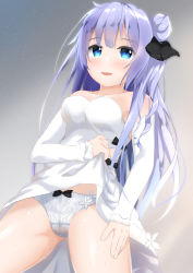 Rule 34 | 1girl, azur lane, bare shoulders, black bow, black ribbon, blue eyes, blush, bow, bow panties, breasts, cameltoe, clothes lift, commentary request, detached sleeves, dress, dress lift, grey panties, hair bun, hair ribbon, kogyokuapple, lifting own clothes, long hair, long sleeves, looking at viewer, medium breasts, one side up, panties, parted lips, purple hair, pussy juice, ribbon, see-through, side bun, single hair bun, single side bun, solo, strapless, strapless dress, underwear, unicorn (azur lane), very long hair, wet, wet clothes, wet panties, white dress