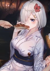 Rule 34 | 10s, 1girl, akasaai, backlighting, blue eyes, blurry, blurry background, blush, breasts, collarbone, corn, covered erect nipples, eating, feeding, flower, food, hair flower, hair ornament, hair over one eye, hairclip, hamakaze (kancolle), hibiscus, highres, holding, holding another&#039;s wrist, holding food, ikayaki, japanese clothes, kantai collection, kimono, large breasts, long sleeves, night, outdoors, sash, short hair, silver hair, sitting, solo focus, squid, sweat, underbust, wide sleeves, yukata