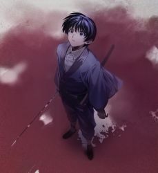 Rule 34 | 1boy, blood, bloody weapon, collared shirt, dress shirt, from above, full body, hair between eyes, highres, holding, holding sword, holding weapon, japanese clothes, kimono, long sleeves, looking up, male focus, okurase, pants, purple eyes, purple hair, purple kimono, purple pants, rurouni kenshin, seta soujirou, sheath, shirt, short hair, solo, standing, sword, unsheathed, weapon, white shirt, wide sleeves, wing collar