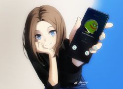 Rule 34 | 1girl, based (meme), black shirt, blue background, brown hair, gradient background, head rest, highres, holding, holding phone, iceroy, looking at viewer, meme, nail polish, phone, samsung sam, shirt, twitter username, upper body, white background