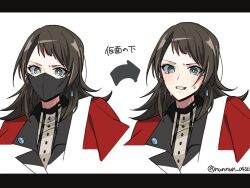 Rule 34 | 1girl, bang dream!, bang dream! it&#039;s mygo!!!!!, black hair, black mask, clenched teeth, commentary request, cropped torso, green eyes, highres, jacket, mask, medium hair, mouth mask, nanami (nunnun 0410), red jacket, shirt, simple background, sweat, teeth, translation request, twitter username, upper body, white background, white shirt, yahata umiri