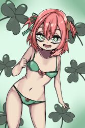 Rule 34 | 1girl, belly, bra, clover, commission, denyel, eyebrows, eyelashes, flat chest, fuyo cloverfield, green bra, green eyes, green panties, hair ornament, hair ribbon, highres, idol corp, knees up, looking at viewer, navel, open mouth, panties, pink hair, pointy ears, ribbon, short hair, simple background, teeth, thighs, underwear, underwear only, virtual youtuber