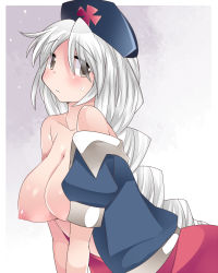 Rule 34 | 1girl, bad id, bad pixiv id, braid, breasts, brown eyes, collarbone, gradient background, grey eyes, hammer (sunset beach), hat, large breasts, long hair, looking at viewer, nipples, no bra, off shoulder, open clothes, open shirt, shirt, short sleeves, silver hair, simple background, single braid, skirt, solo, sweatdrop, touhou, v arms, very long hair, yagokoro eirin
