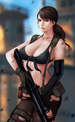 Rule 34 | 1girl, bikini, black bikini, black pantyhose, breasts, brown hair, cleavage, collarbone, cowboy shot, explosive, female focus, front-tie bikini top, front-tie top, gloves, grenade, gun, holding, holding gun, holding weapon, large breasts, lips, looking at viewer, metal gear (series), metal gear solid v: the phantom pain, nose, pantyhose, phamoz, ponytail, quiet (metal gear), realistic, rifle, sniper rifle, solo, suspenders, swimsuit, torn clothes, torn pantyhose, weapon