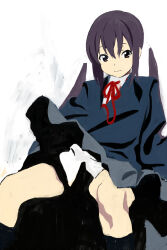 Rule 34 | 1girl, black hair, black socks, blazer, blending, blue jacket, bow, brown eyes, closed mouth, collared shirt, commentary request, e eel, expressionless, feet out of frame, grey skirt, hair bow, high contrast, highres, jacket, k-on!, kneehighs, long hair, looking at viewer, multiple hair bows, nakano azusa, neck ribbon, red ribbon, ribbon, sakuragaoka high school uniform, school uniform, shadow, shirt, simple background, sitting, skirt, socks, solo, thighs, twintails, white background, white bow, white shirt, wind, wind lift