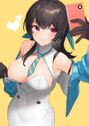 Rule 34 | 1girl, akagi kurage, arm strap, arm up, armpits, bare shoulders, black gloves, black hair, blue jacket, breasts, character request, check copyright, cleavage, clothes pull, copyright request, cropped jacket, dress, gloves, hand up, heart, highres, holding, jacket, large breasts, long hair, necktie, off shoulder, open clothes, open jacket, phone, red eyes, sennen sensou aigis, short necktie, sleeveless, sleeveless dress, smile, solo, upper body, white dress, yellow background