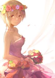 Rule 34 | 1girl, absurdres, aiba yumi, backlighting, bare shoulders, blonde hair, blush, bouquet, bow, breasts, brown eyes, cleavage, commentary request, dress, flower, flower wreath, highres, holding, holding bouquet, holysnow, idolmaster, idolmaster cinderella girls, jewelry, looking at viewer, medium breasts, necklace, petals, pink dress, short hair, sleeveless, sleeveless dress, smile, solo, wedding dress