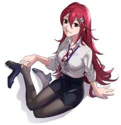 Rule 34 | 1girl, absurdres, alternate costume, commission, contemporary, cordelia (fire emblem), ebinku, eyewear hang, unworn eyewear, fire emblem, fire emblem awakening, full body, hair between eyes, hair ornament, hairclip, high heels, highres, id card, long hair, nintendo, pantyhose, parted lips, red eyes, red hair, simple background, sitting, skirt, solo, white background