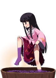 Rule 34 | 1girl, barefoot, black hair, feet, female focus, food, fruit, grape stomping, grapes, houraisan kaguya, joey hanma, lifted by self, long hair, red eyes, simple background, solo, standing, touhou, white background