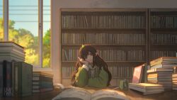 Rule 34 | 1girl, absurdres, black hair, blurry, book, book stack, bookshelf, chinese commentary, closed mouth, commentary, depth of field, elf, facing viewer, green jacket, hand on own cheek, hand on own face, head rest, head tilt, highres, hua ming wink, indoors, jacket, library, long hair, long sleeves, looking down, open book, original, pointy ears, shirt, solo, thinking, tree, white shirt