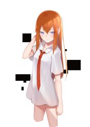 Rule 34 | 1girl, bad id, bad pixiv id, black background, blush, brown hair, closed mouth, collarbone, collared shirt, commentary request, cropped legs, hair between eyes, hand up, highres, jilu, light frown, long hair, makise kurisu, necktie, no pants, purple eyes, red necktie, shirt, short sleeves, solo, steins;gate, tsurime, two-tone background, very long hair, white background, white shirt