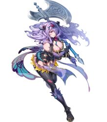 Rule 34 | 1girl, attack, axe, battle axe, black panties, black thighhighs, breasts, camilla (fire emblem), camilla (resplendent) (fire emblem), cleavage, fake horns, fire emblem, fire emblem fates, fire emblem heroes, full body, gloves, gomashio ponz, hair over one eye, highres, holding, holding axe, horns, large breasts, long hair, nintendo, non-web source, official alternate costume, official art, panties, purple eyes, purple gloves, purple hair, smile, solo, thighhighs, thighs, underwear, wavy hair, weapon, white background