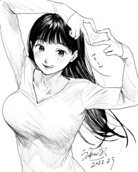 Rule 34 | 1girl, arms up, banned artist, blush, breasts, commentary request, dated, greyscale, heart, heart hands, highres, kamiyama aya, large breasts, long hair, long sleeves, looking at viewer, monochrome, original, shirt, simple background, sleeves past wrists, solo, t-shirt, tongue, tongue out, upper body, v-neck