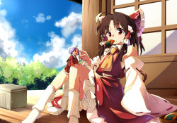 Rule 34 | 2girls, absurdres, baba (baba seimaijo), barefoot, brown eyes, brown hair, collared shirt, commentary request, food, food in mouth, frilled skirt, frills, hakurei reimu, highres, japanese clothes, kimono, kneehighs, knees up, long sleeves, medium hair, mini person, minigirl, multiple girls, nontraditional miko, purple hair, red shirt, red skirt, ribbon-trimmed sleeves, ribbon trim, senbei, shirt, short hair, sitting, skirt, sleeveless, sleeveless shirt, socks, sukuna shinmyoumaru, touhou, wide sleeves