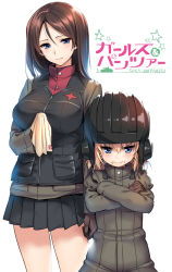 Rule 34 | &gt;:), 10s, 2girls, black gloves, black hair, black skirt, blonde hair, blue eyes, breasts, closed mouth, commentary request, copyright name, crossed arms, food, food on face, girls und panzer, gloves, hair between eyes, handkerchief, helmet, highres, katyusha (girls und panzer), large breasts, long hair, long sleeves, looking at viewer, military, military uniform, miniskirt, multiple girls, nonna (girls und panzer), piromizu, pleated skirt, red shirt, shirt, simple background, skirt, smile, tank helmet, uniform, v-shaped eyebrows, white background