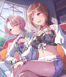 2girls arimura_mao blue_eyes brown_hair gakuen_idolmaster highres himesaki_rinami idolmaster indoors jacket long_hair long_sleeves looking_at_another midriff multiple_girls navel open_mouth pants purple_eyes purple_hair short_hair sitting smile tuna_picture white_jacket white_pants window