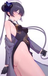 Rule 34 | 1girl, ass, bare legs, black gloves, black hair, blue archive, blush, breasts, butterfly hair ornament, china dress, chinese clothes, coat, coat partially removed, double bun, dragon print, dress, gloves, grey coat, hair bun, hair ornament, halo, highres, kisaki (blue archive), looking at viewer, pelvic curtain, pointy breasts, rounan58287, sideways glance, simple background, sleeveless, sleeveless dress, small breasts, solo, striped, striped coat, thighs, twintails, vertical-striped coat, white background