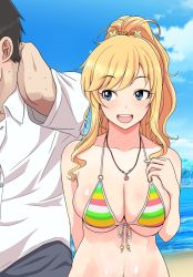 Rule 34 | 1girl, beach, bikini, blonde hair, blue eyes, breasts, faceless, faceless male, front-tie bikini top, front-tie top, hand on own chest, idolmaster, idolmaster cinderella girls, idolmaster cinderella girls starlight stage, jewelry, kashiwagi tatsuya, large breasts, midriff, navel, necklace, o-ring, o-ring bikini, ocean, ohtsuki yui, out of frame, ponytail, striped bikini, striped clothes, sweat, swimsuit