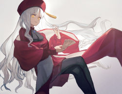 Rule 34 | 1girl, aito, beret, black pantyhose, breasts, brooch, caren hortensia, caren hortensia (amor caren), caren hortensia (amor caren) (second ascension), crossed legs, dress, fate/grand order, fate (series), gradient background, hat, jewelry, long hair, long sleeves, looking at viewer, medium breasts, money, neck ribbon, pantyhose, red dress, red hat, ribbon, shawl, smile, solo, thighs, wavy hair, white hair, yellow eyes