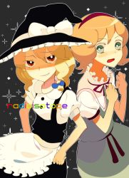 Rule 34 | 2girls, :o, alice margatroid, apron, blonde hair, capelet, embellished costume, evil smile, female focus, frown, green eyes, hairband, hat, kaiza, kirisame marisa, looking at viewer, multiple girls, nirmeli, open mouth, puffy short sleeves, puffy sleeves, red eyes, shaded face, short sleeves, smile, surprised, touhou, waist apron, wavy mouth, witch hat