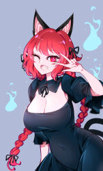 Rule 34 | 1girl, absurdres, animal ears, black dress, braid, breasts, cat ears, cat tail, cleavage, dress, fingernails, grey background, highres, kaenbyou rin, large breasts, long fingernails, long hair, multiple tails, nail polish, one eye closed, open mouth, raptor7, red eyes, red hair, red nails, sharp fingernails, simple background, smile, solo, tail, touhou, twin braids, two tails, v