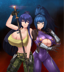 Rule 34 | 2girls, abs, absurdres, akiyama rinko, bare shoulders, blue eyes, blue hair, bodysuit, breasts, camouflage, camouflage pants, cleavage, clothing cutout, cosplay, costume switch, gloves, hair between eyes, highres, holding, holding weapon, impossible bodysuit, impossible clothes, large breasts, leona heidern, long hair, military, multiple girls, pants, pockyland, ponytail, pouch, purple bodysuit, purple hair, sword, taimanin (series), taimanin yukikaze, tank top, the king of fighters, the king of fighters xv, thighhighs, underboob, underboob cutout, weapon