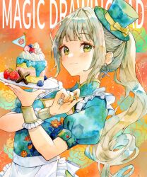 1girl apron blue_shirt bow cake cake_slice cream ear_piercing earrings english_text floral_print food fork frilled_apron frills fruit green_eyes grey_hair hat hat_bow highres holding holding_fork holding_plate jewelry light_blush looking_at_viewer mini_hat original piercing plate puffy_short_sleeves puffy_sleeves shirt short_sleeves smile solo strawberry upper_body waist_apron white_apron wrist_cuffs yellow_bow yuyuharu_1027