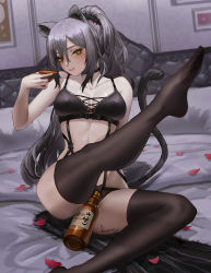 Rule 34 | 1girl, absurdres, animal ears, arknights, bare arms, bare shoulders, bed, black bra, black thighhighs, bottle, bra, breasts, cat ears, cat tail, commentary request, foot out of frame, grin, hair between eyes, hand up, highres, holding, huge filesize, indoors, long hair, looking at viewer, medium breasts, no shoes, parted lips, petals, schwarz (arknights), silver hair, smile, solo, somnuss, stomach, tail, thighhighs, thighs, underwear, underwear only, very long hair, yellow eyes