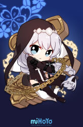 Rule 34 | 1girl, black dress, black footwear, blue background, blue eyes, boots, braid, braided ponytail, chain, chibi, closed mouth, company name, cross (weapon), dress, full body, honkai (series), honkai impact 3rd, kallen kaslana, long hair, long sleeves, looking at viewer, nun, oath of judah, pelvic curtain, solo, thigh boots, veil, white hair, youli (yori)