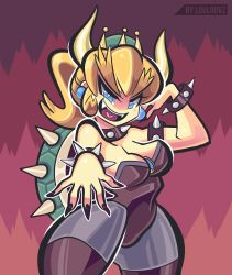 Rule 34 | 1girl, arm up, artist name, bare shoulders, black leotard, black nails, black pantyhose, blonde hair, blue eyes, blush, bowsette, bracelet, breasts, cleavage, collar, cowboy shot, crown, english text, fangs, female focus, fingernails, half-closed eyes, hand up, happy, heart, heart in mouth, highres, horns, jewelry, leotard, light blush, loulou vz, mario (series), medium breasts, nail polish, new super mario bros. u deluxe, nintendo, open mouth, pantyhose, ponytail, red background, shiny clothes, simple background, smile, solo, spiked bracelet, spiked collar, spikes, standing, strapless, strapless leotard, teeth, thick thighs, thighs, watermark, wide hips