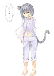 Rule 34 | 1girl, alternate costume, animal ears, bad id, bad twitter id, barefoot, cushion, full body, grey hair, hasebe yuusaku, long sleeves, looking at viewer, midriff, mouse ears, mouse tail, navel, nazrin, open mouth, pajamas, pants, red eyes, shirt, short hair, simple background, solo, speech bubble, tail, text focus, touhou, white background