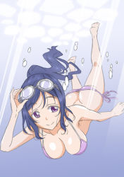 Rule 34 | 10s, 1girl, air bubble, ass, barefoot, bikini, blue hair, breasts, bubble, butt crack, cleavage, downpants, freediving, goggles, goggles on head, holding breath, large breasts, long hair, looking at viewer, love live!, love live! sunshine!!, marugoshi teppei, matsuura kanan, ponytail, purple bikini, purple eyes, side-tie bikini bottom, smile, solo, swimming, swimsuit, underwater, water