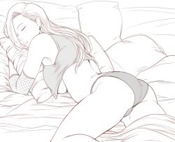 Rule 34 | 1girl, absurdres, bed, bed sheet, bedroom, boruto: naruto next generations, breasts, commentary, english commentary, feet out of frame, greyscale, highres, indoors, jnsdh, long hair, lying, monochrome, naruto (series), on bed, panties, pillow, solo, underwear, yamanaka ino