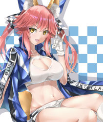 Rule 34 | 1girl, absurdres, animal ear fluff, animal ears, blue ribbon, breasts, checkered flag, cleavage, cleavage cutout, clothing cutout, collarbone, commentary, commentary request, fang, fate/extella, fate/extra, fate/grand order, fate (series), flag, fox ears, fox girl, fox shadow puppet, fox tail, gloves, hair ribbon, highres, kamehito, large breasts, looking at viewer, meme attire, midriff, navel, official alternate costume, open-chest sweater, open mouth, pink hair, race queen, ribbon, solo, sweater, tail, tamamo (fate), tamamo no mae (fate/extra), tamamo no mae (type-moon racing) (fate), white gloves, yellow eyes