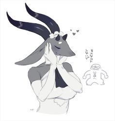 Rule 34 | 1boy, 1girl, animal ears, artist name, ascot, bare shoulders, bebebe, black ascot, blush, breasts, collarbone, covered erect nipples, cropped torso, elbow gloves, closed eyes, fang, full body, furry, gloves, goat ears, hands on own face, hands up, happy, heart, horns, japanese text, large breasts, maid, maid headdress, morte (bebebe), nose blush, open mouth, original, shirt, signature, simple background, sleeveless, sleeveless shirt, smile, solo focus, standing, talking, translation request, upper body, white background, white gloves, white shirt