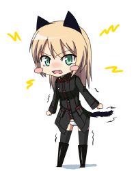 Rule 34 | 1girl, animal ears, bad id, bad pixiv id, black thighhighs, blonde hair, blush stickers, chibi, fang, green eyes, heinrike prinzessin zu sayn-wittgenstein, military, military uniform, noble witches, norayinu, open mouth, panties, solo, strike witches, tail, tears, thighhighs, underwear, uniform, world witches series