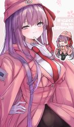Rule 34 | 1girl, absurdres, bb (fate), blush, breasts, chibi, fate/extra, fate/extra ccc, fate (series), garrison cap, hat, highres, large breasts, long hair, looking at viewer, multiple views, open mouth, purple eyes, purple hair, red ribbon, ribbon, smile, touko 56, translation request