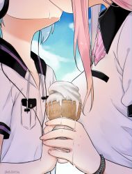 Rule 34 | 1boy, 1girl, age difference, blue hair, bow, bowtie, bracelet, food, head out of frame, headphones, hetero, ice cream, ice cream cone, jewelry, kiss, melting, nei (os), original, os (os fresa), outdoors, pink hair, souta (os), twitter username