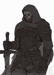 Rule 34 | 1boy, absurdres, armor, call of duty, call of duty: modern warfare 2, cape, ghost (modern warfare 2), greyscale, highres, holding, holding sword, holding weapon, hood, hood up, hooded cape, male focus, mask, monochrome, pants, simple background, skull mask, solo, sword, weapon, white background, wormlonde