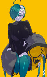 Rule 34 | 1girl, aqua eyes, aqua hair, aqua thighhighs, black shirt, breasts, feet out of frame, hair over one eye, highres, jacket, large breasts, original, pale skin, shirt, short hair, signature, simple background, solo, thighhighs, ub1mo, yellow background, yellow jacket