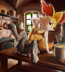 Rule 34 | 1girl, absurdres, animal ear fluff, animal ears, animal feet, animal nose, arm support, arm up, body fur, braixen, breasts, claws, cooking pot, creatures (company), cutting board, day, fangs, female focus, food, fox ears, fox girl, fox tail, frying pan, full body, furry, furry female, game freak, gen 6 pokemon, ham, happy, highres, indoors, kettle, kitchen, kitchen knife, knee up, ladle, leaning forward, leg up, legs, looking at viewer, multicolored fur, navel, neck fur, nintendo, no nipples, no pussy, noconcession, on table, open mouth, pawpads, pokemon, pokemon (creature), presenting, raised eyebrows, red eyes, ribs, salt shaker, sitting, slit pupils, small breasts, smile, snout, solo, soup, spread legs, steam, stomach, stove, table, tail, window