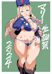 Rule 34 | 1girl, 2024, :q, absurdres, adjusting clothes, adjusting swimsuit, bc freedom military uniform, bikini, birthday, black footwear, blonde hair, blue bikini, blue hat, blue jacket, boots, breasts, bright pupils, character name, closed mouth, commentary, curvy, drill hair, folding fan, frilled bikini, frills, girls und panzer, green background, green eyes, half-closed eyes, hand fan, hat, highres, holding, holding fan, jacket, kepi, knee boots, large breasts, licking lips, long hair, looking at viewer, marie (girls und panzer), military hat, navel, no pants, shinkuukan (tetsuo3), side-tie bikini bottom, simple background, smile, solo, standing, string bikini, swimsuit, thigh gap, tongue, tongue out, translated, white pupils