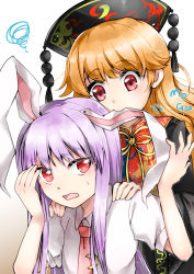 Rule 34 | 2girls, absurdres, animal ears, arms up, behind another, biting, black dress, blonde hair, commentary request, crescent, crescent pin, dress, ear biting, hand to forehead, hands on another&#039;s shoulders, hat, highres, junko (touhou), kanonari, light purple hair, looking at another, looking at viewer, mg mg, multiple girls, necktie, open mouth, rabbit ears, red eyes, red neckwear, reisen udongein inaba, shirt, short sleeves, sidelocks, simple background, squiggle, standing, sweatdrop, tabard, touhou, upper body, white background, white shirt