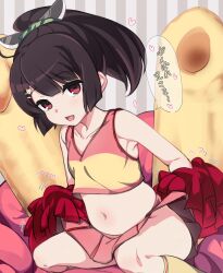 Rule 34 | 1girl, black hair, cheerleader, commentary request, crop top, flat chest, hair ornament, hairclip, highres, holding, holding pom poms, kiritanpo (food), kuro mushi, looking at viewer, medium hair, miniskirt, navel, no panties, open mouth, pom pom (cheerleading), pom poms, ponytail, red eyes, skirt, smile, socks, solo, thighs, touhoku kiritan, voiceroid, yellow socks