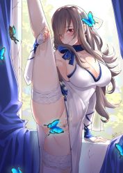 Rule 34 | 1girl, armpits, azur lane, bare shoulders, blush, breasts, bug, butterfly, cleavage, cross, cross earrings, dated, dress, earrings, elbow gloves, fingerless gloves, flexible, gloves, glowing, grey hair, hair between eyes, insect, jewelry, large breasts, leg lift, leg up, long hair, looking at viewer, mole, mole on breast, mole under eye, no panties, pubic tattoo, red eyes, saint-louis (azur lane), saint-louis (holy knight&#039;s resplendence) (azur lane), saint-louis (holy knight&#039;s resplendence) (azur lane), see-through, shiroi ume, sleeveless, sleeveless dress, solo, split, standing, standing on one leg, standing split, tattoo, thighhighs, thighs, white dress, white thighhighs