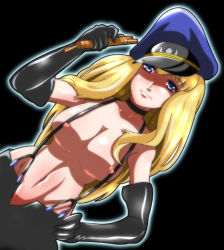 Rule 34 | 00s, 1girl, blonde hair, blue eyes, breasts, gloves, hat, higashiyama (higashiyama honpo l.t.d), large breasts, long hair, macross, macross frontier, naked suspenders, nipples, peaked cap, revealing clothes, sheryl nome, solo, suspenders, topless