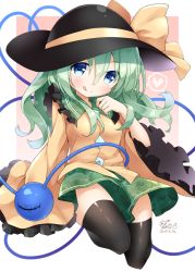 Rule 34 | 1girl, :q, anzu ame, black hat, black thighhighs, blue eyes, blush, bow, breasts, commentary request, dated, eyeball, floral print, frilled shirt collar, frilled sleeves, frills, green hair, green skirt, hair between eyes, hat, hat bow, heart, heart of string, koishi day, komeiji koishi, long hair, long sleeves, looking at viewer, medium breasts, miniskirt, shirt, signature, skirt, smile, solo, spoken heart, thighhighs, third eye, tongue, tongue out, touhou, wide sleeves, yellow bow, yellow shirt, zettai ryouiki