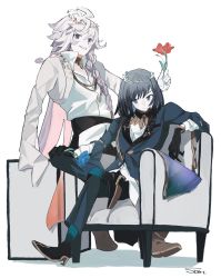 Rule 34 | 2boys, black hair, blue eyes, blue flower, braid, crossed legs, fate/grand order, fate (series), flower, gloves, hair between eyes, highres, holding, holding flower, jacket, long hair, long sleeves, looking at viewer, looking to the side, male focus, merlin (fate), merlin (overnight dream) (fate), multiple boys, oberon (fate), oberon (overnight dream) (fate), official alternate costume, one eye closed, petals, red flower, shirt, signature, simple background, sitting, smile, sost fgo, sparkle, spoilers, teeth, white background, white shirt, wreath